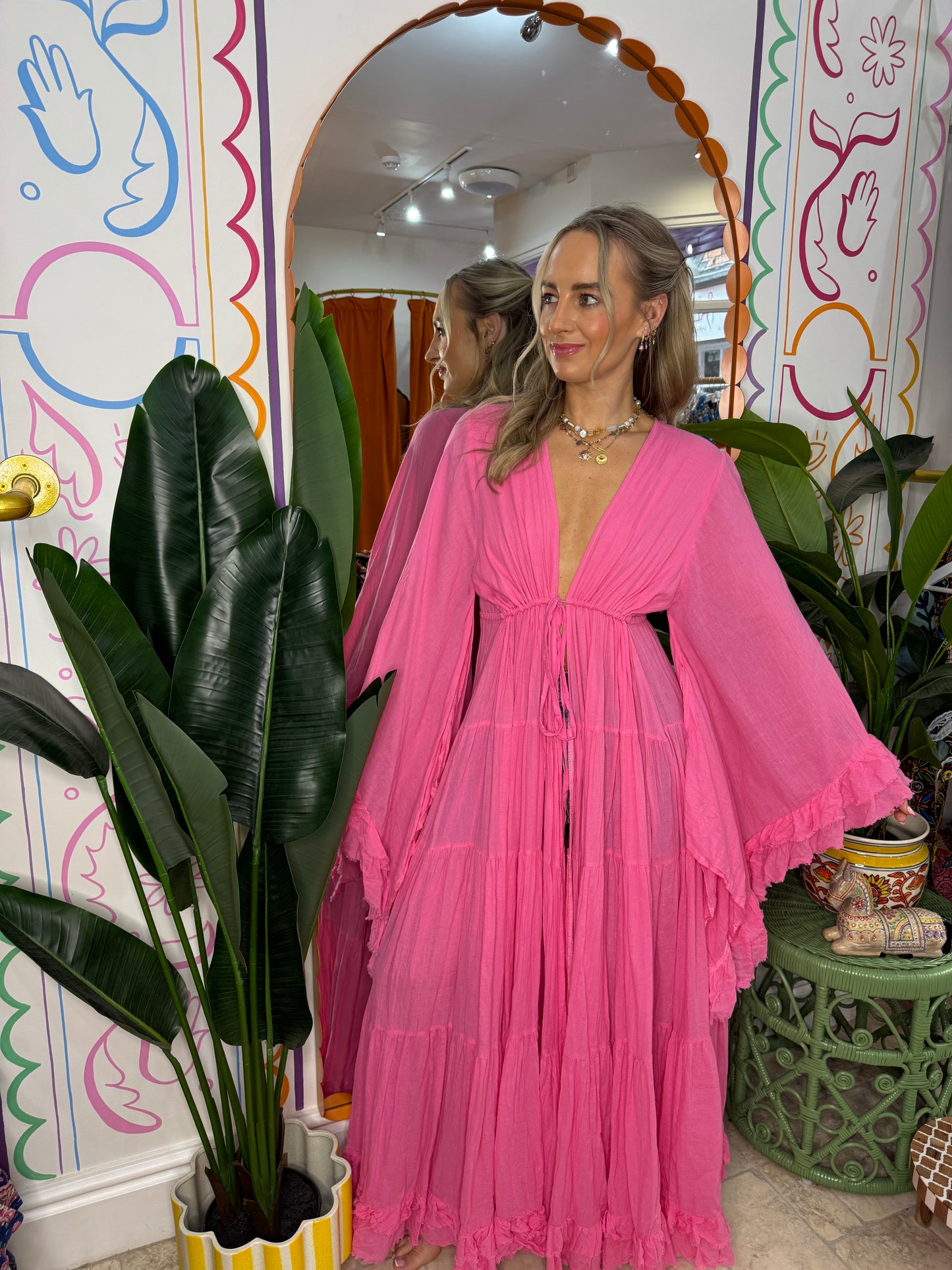 Maxi Kimono Ruffle Jacket in Pink