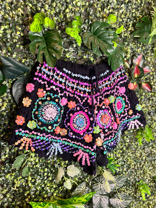 Crochet Sequin Shorts - Flower Sequin