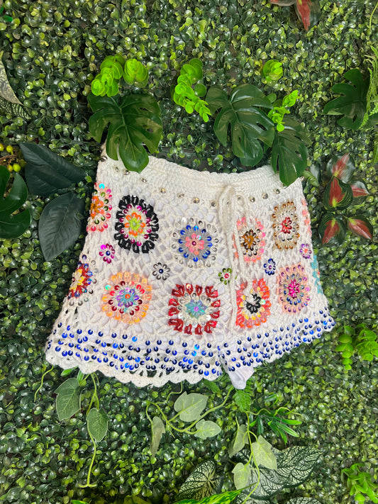 Crochet Sequin Shorts - white flower
