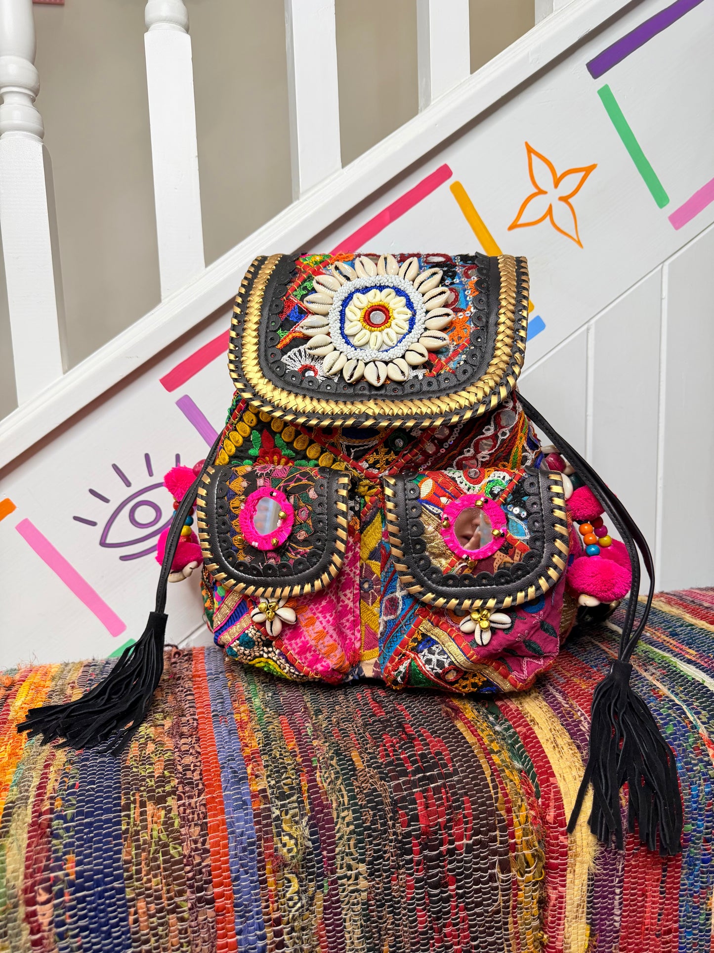 Boho Medium Black Backpack