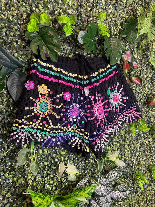 Crochet Sequin Shorts - yellow flower