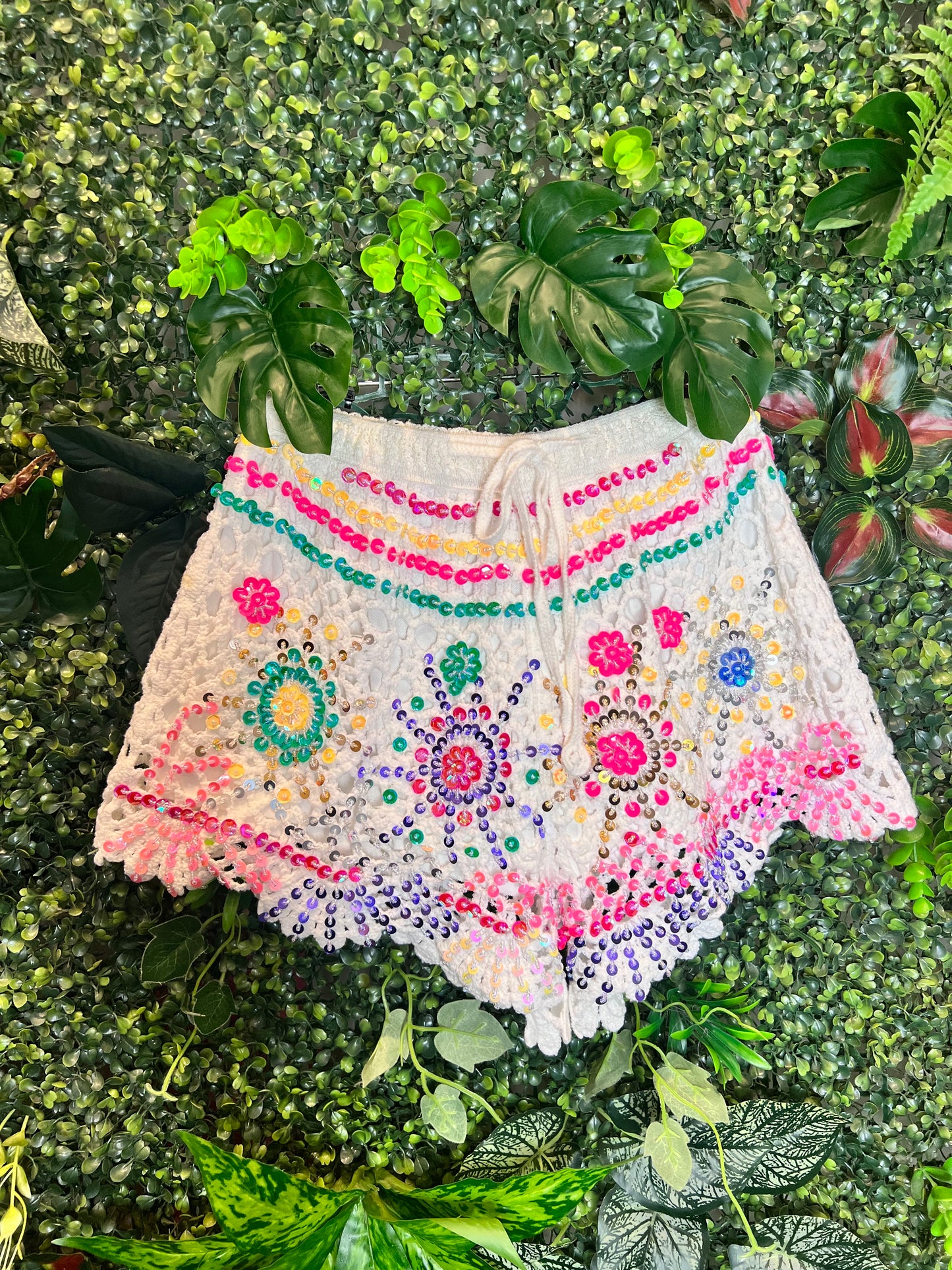 Crochet Sequin Shorts - White