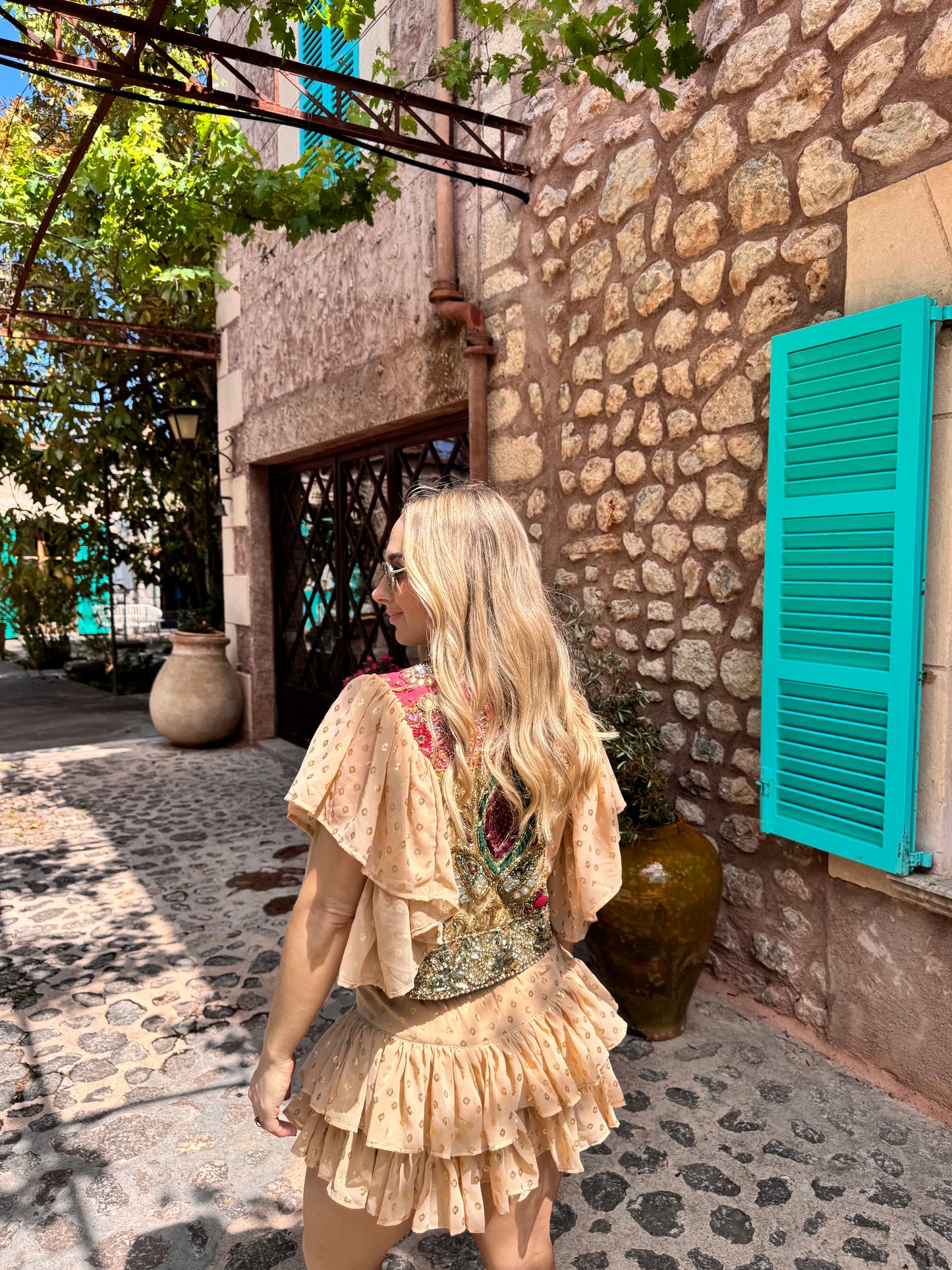 Golden Hour Embellished Ruffle Jacket in Nude