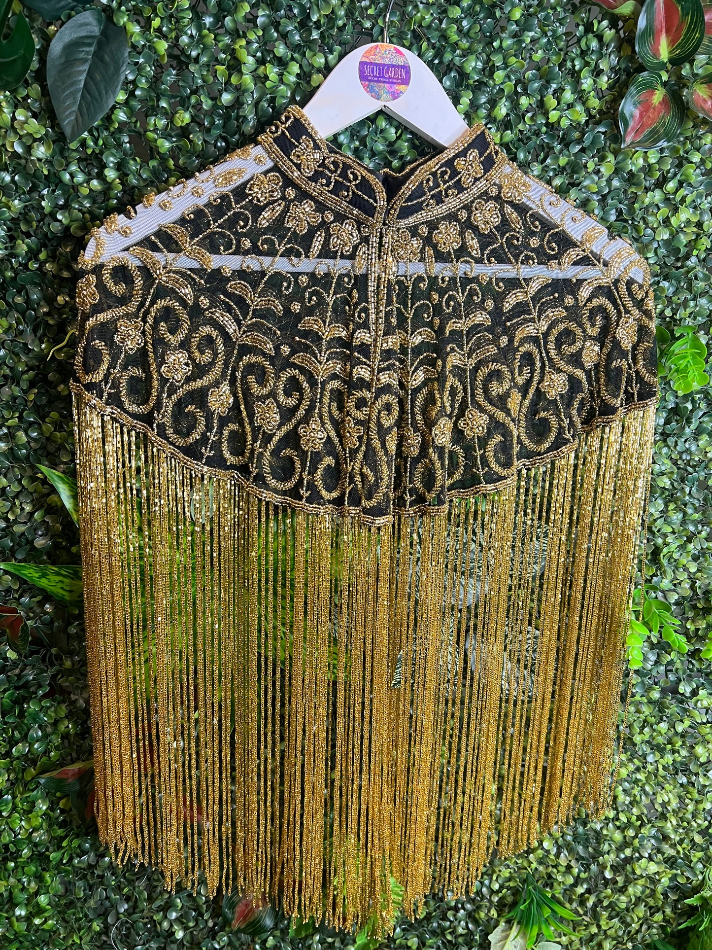 Embellished Tassel Beaded Cape - Black & Gold Flower