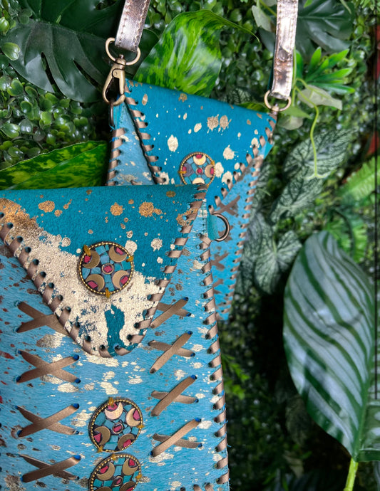 Suede Mobile Bag - two tone turquoise & blue