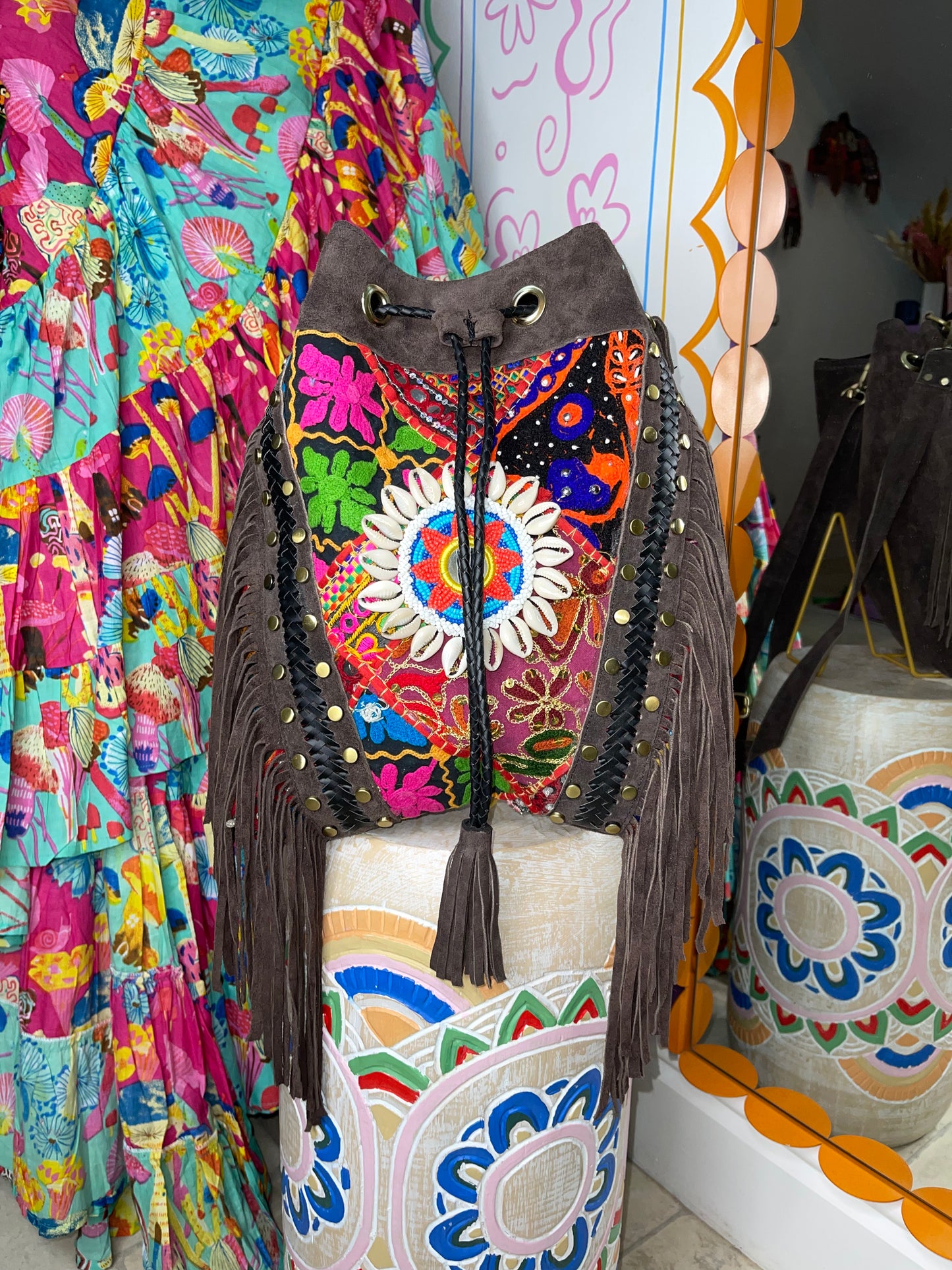 Brown Suede Bucket Tassel Bag - 2