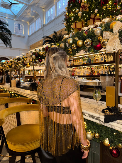 Embellished Tassel Beaded Cape - Black & Gold Flower