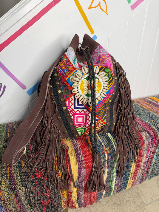 Brown Suede Bucket Tassel Bag