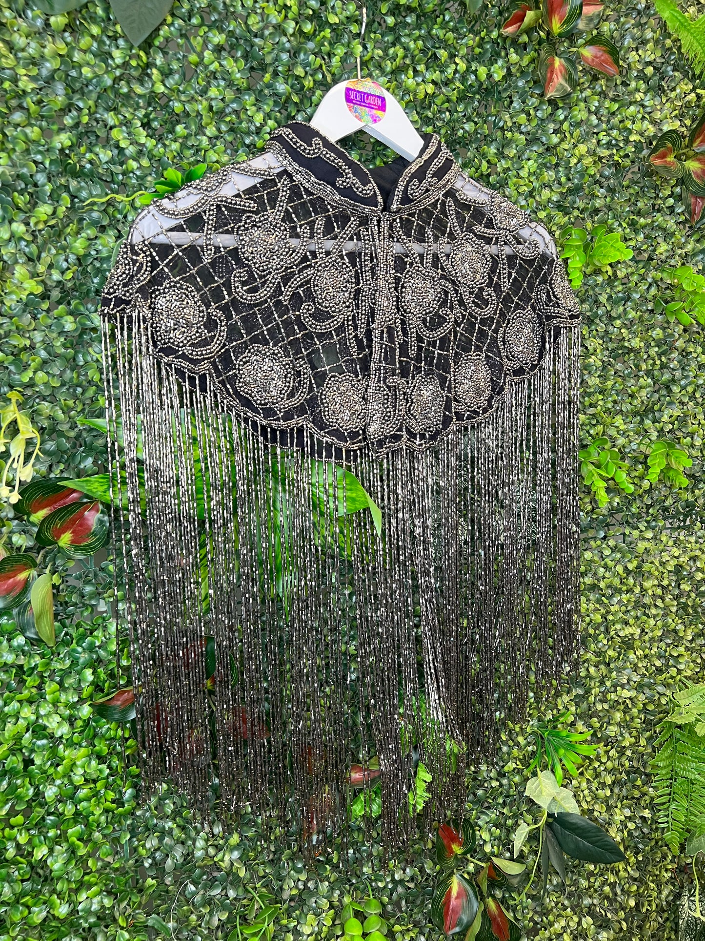 Embellished Tassel Beaded Cape - Silver Flower