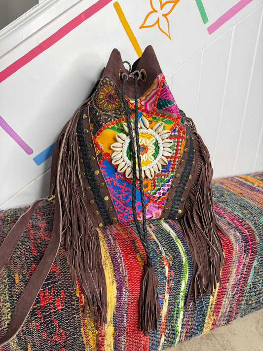 Brown Suede Bucket Tassel Bag