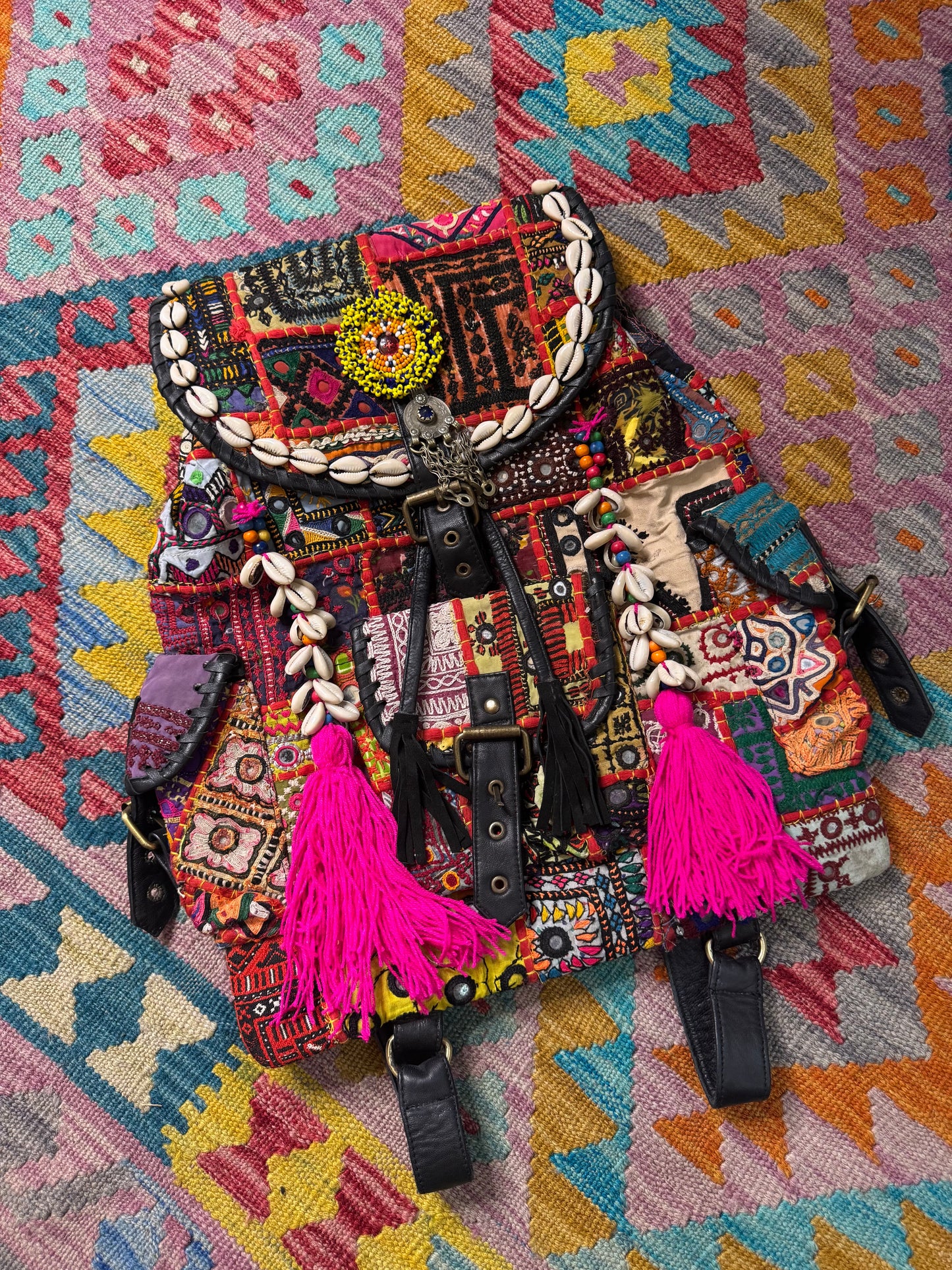 Boho Black Leather Backpacks