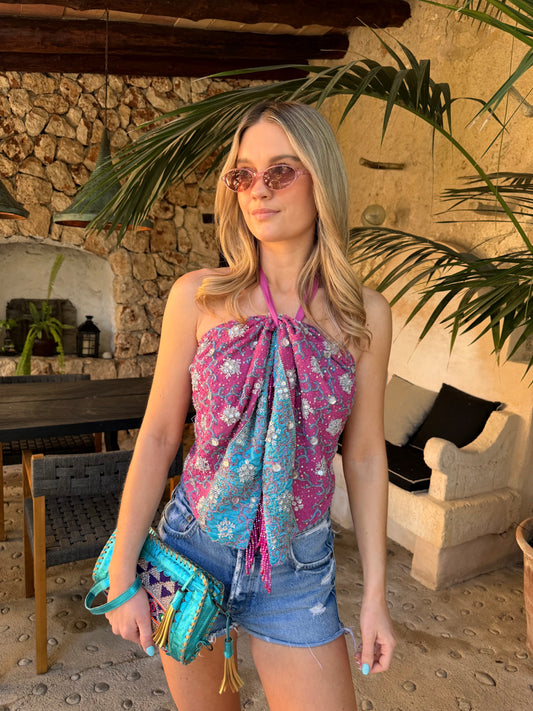 Ibiza Sari Mini Wrap Top in Pink