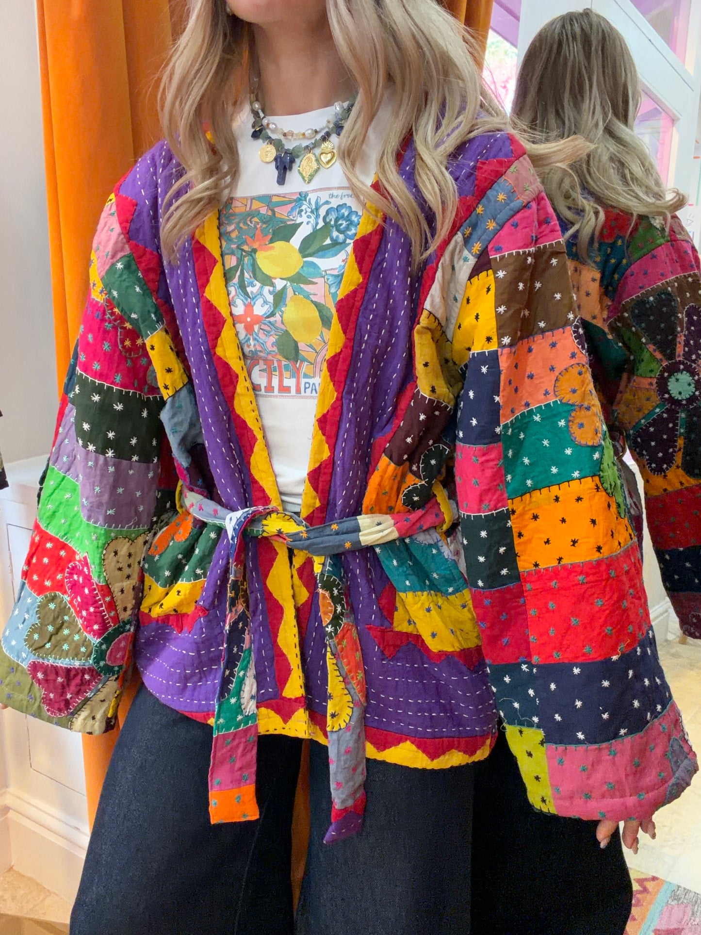 Kantha Flower Stitch Kimono Jacket