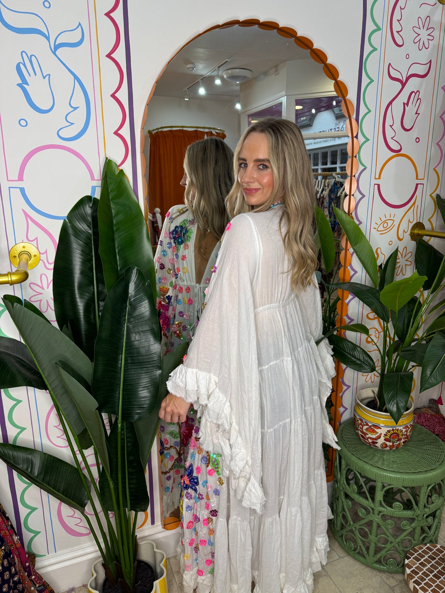 Gypsy Soul Maxi Kimono Ruffle Jacket in White