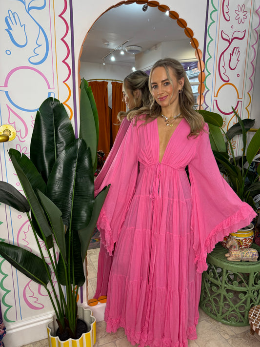 Maxi Kimono Ruffle Jacket in Pink