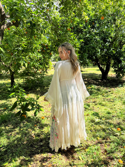 Gypsy Soul Maxi Kimono Ruffle Jacket in Cream