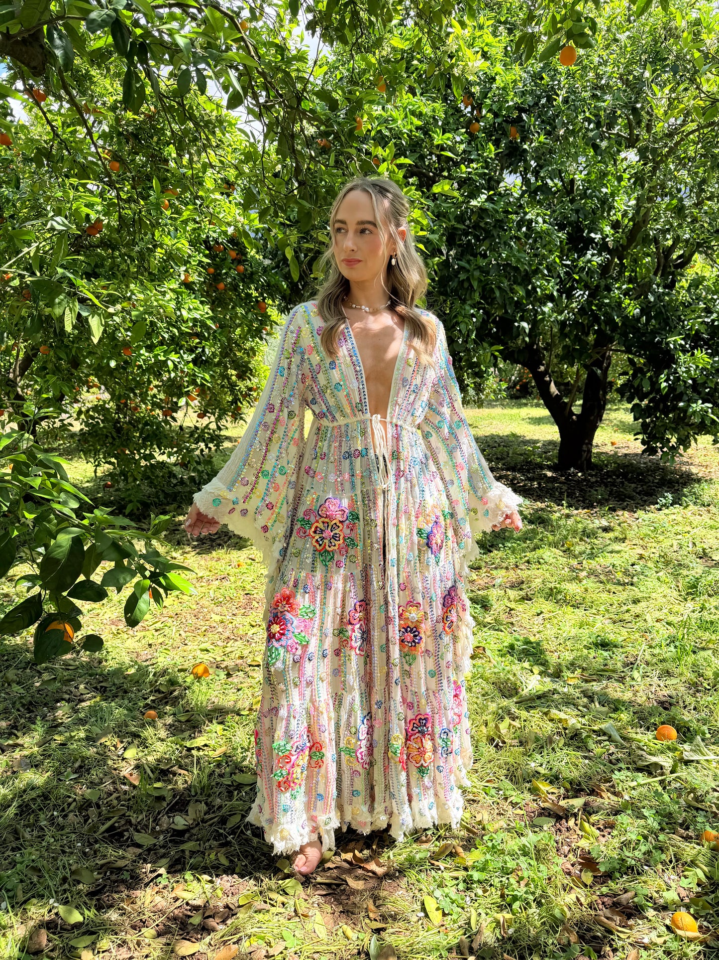 Gypsy Soul Maxi Kimono Ruffle Jacket in Cream