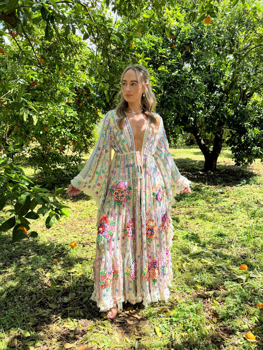 Gypsy Soul Maxi Kimono Ruffle Jacket in Cream