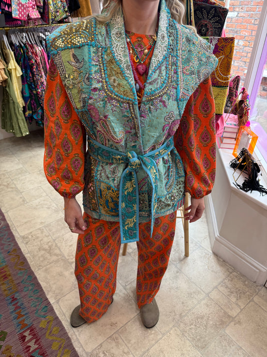 Tapestry Vintage Waistcoat - Aqua Blue