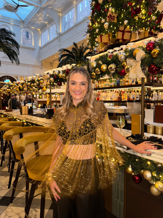 Embellished Tassel Beaded Cape - Black & Gold Flower