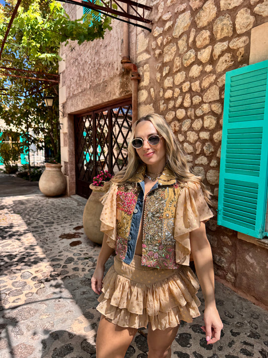 Golden Hour Embellished Ruffle Jacket in Nude