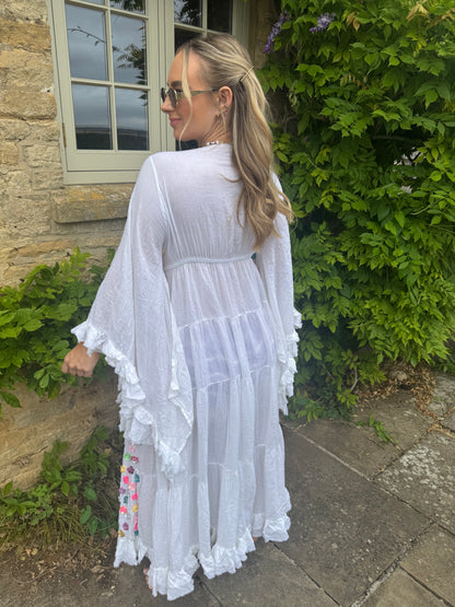 Gypsy Soul Maxi Kimono Ruffle Jacket in White