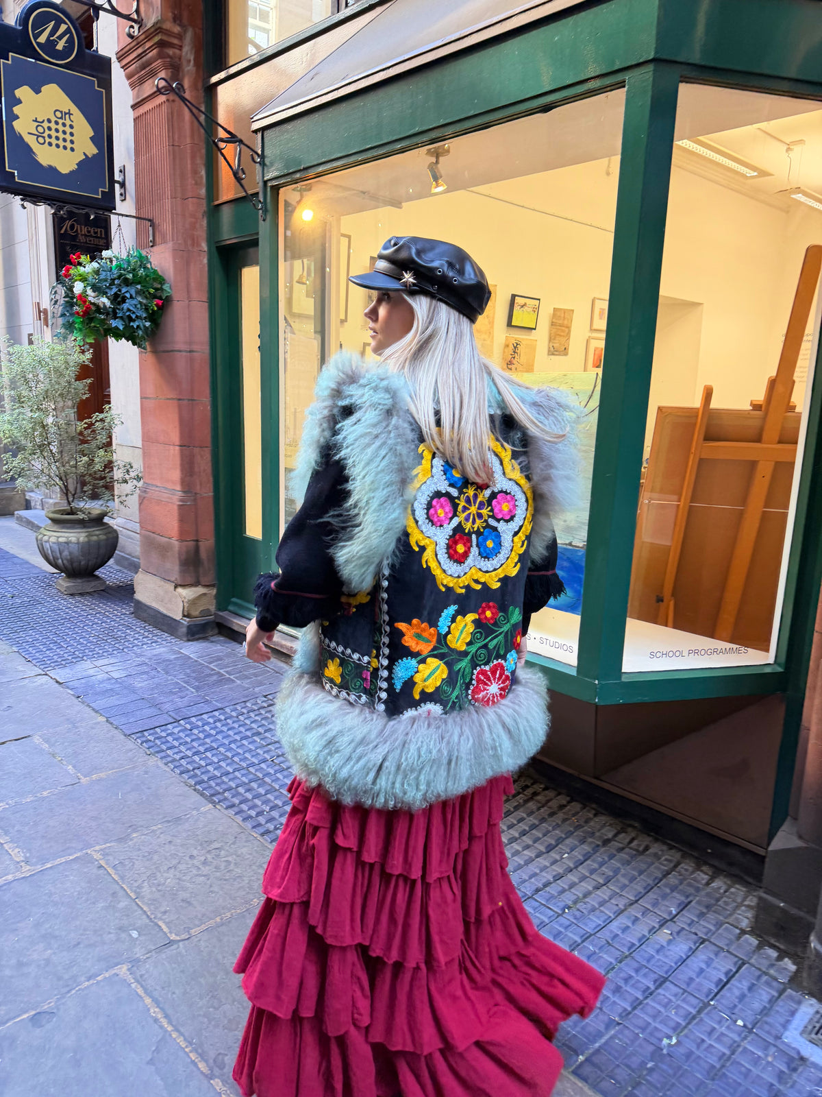Vintage Embroidered Suzani Mongolian Fur Gilet