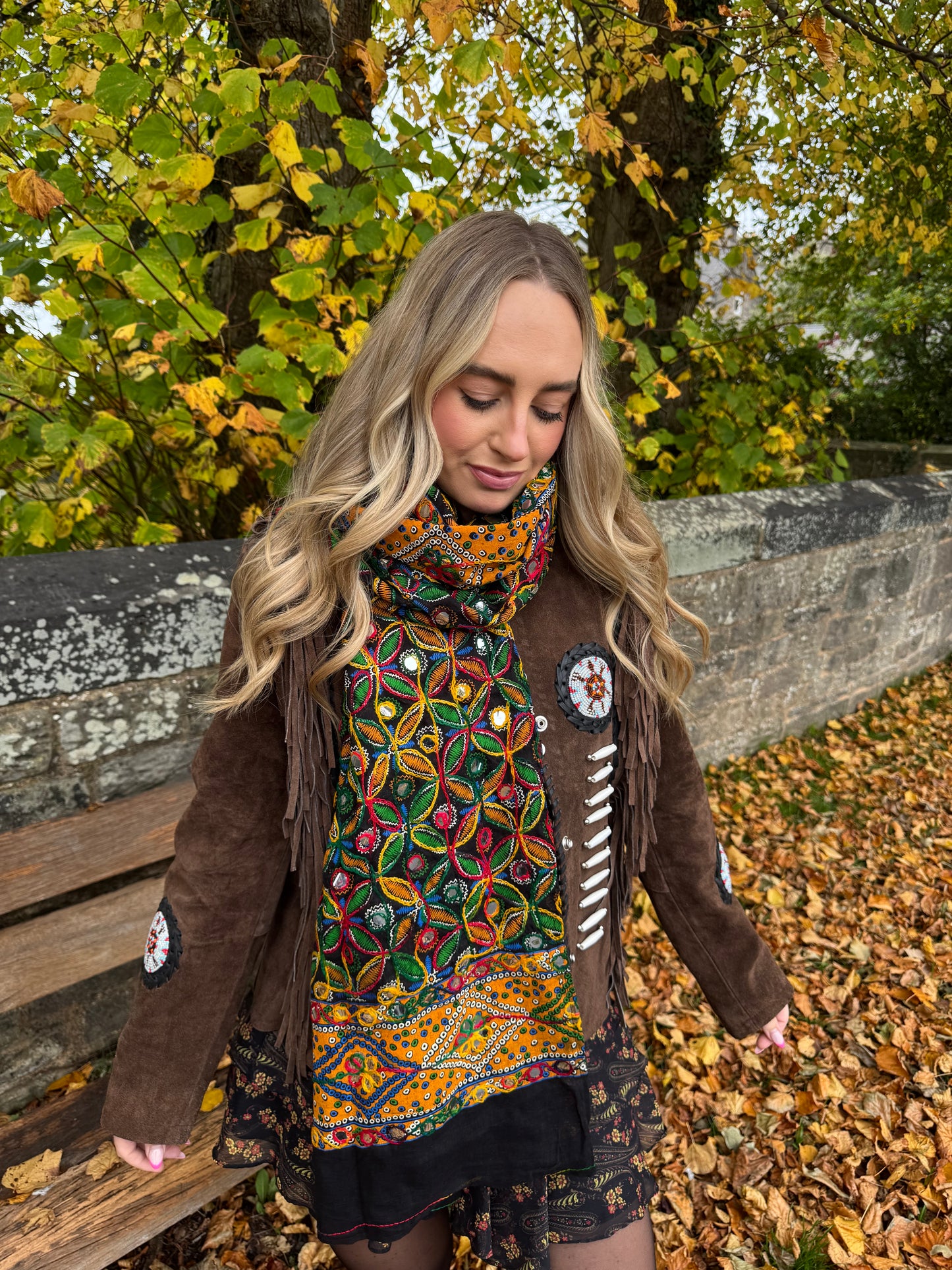 Black Phulkari Mirrored Scarf