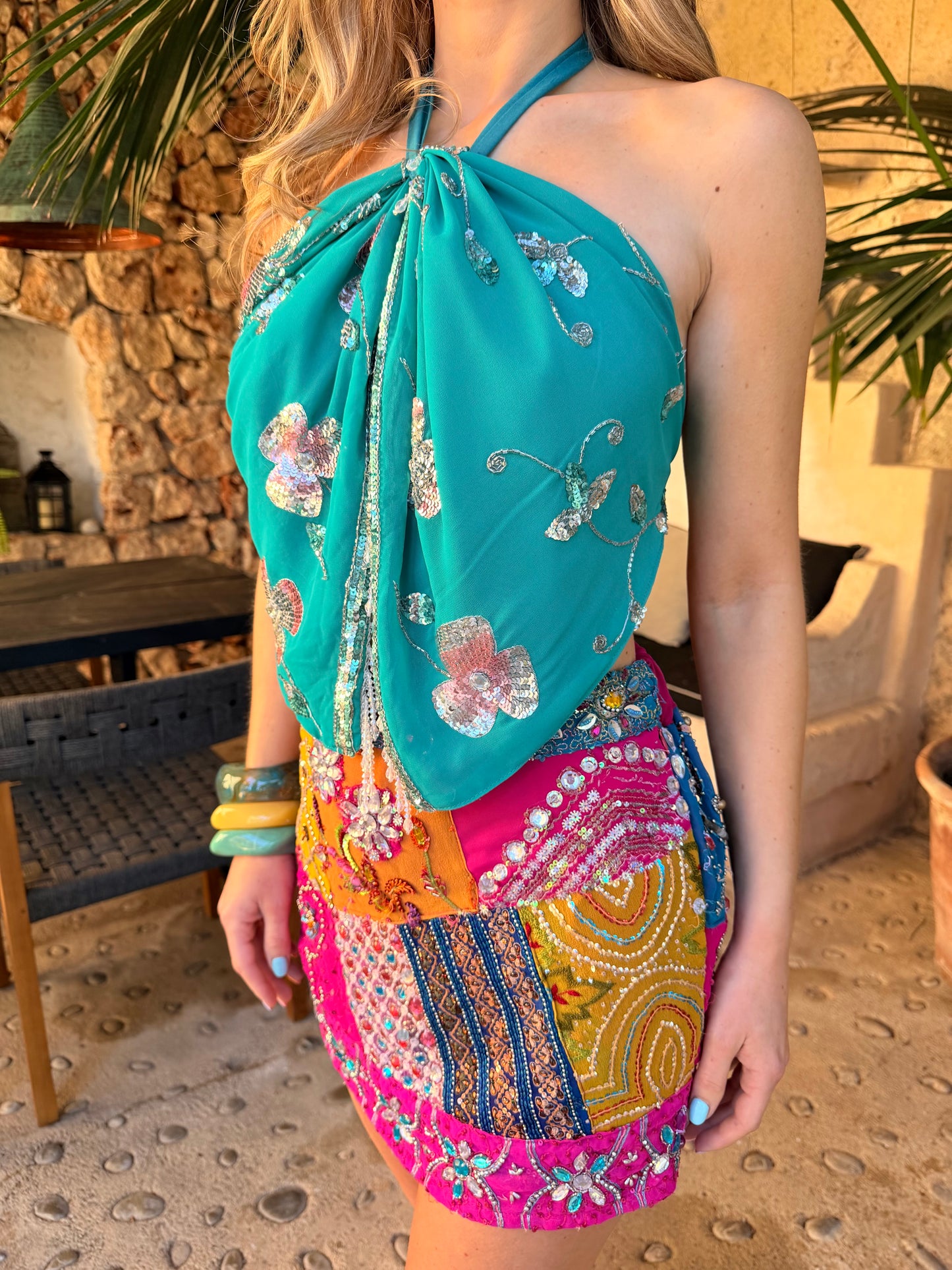 Ibiza Sari Mini Wrap Top in Turquoise