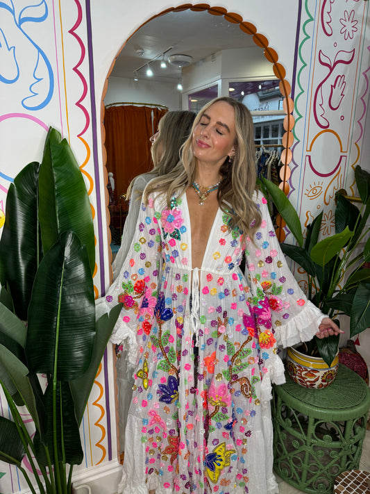Gypsy Soul Maxi Kimono Ruffle Jacket in White