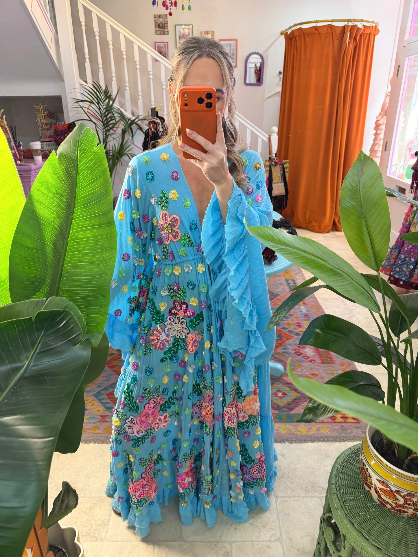 Gypsy Soul Maxi Kimono Ruffle Jacket in Blue