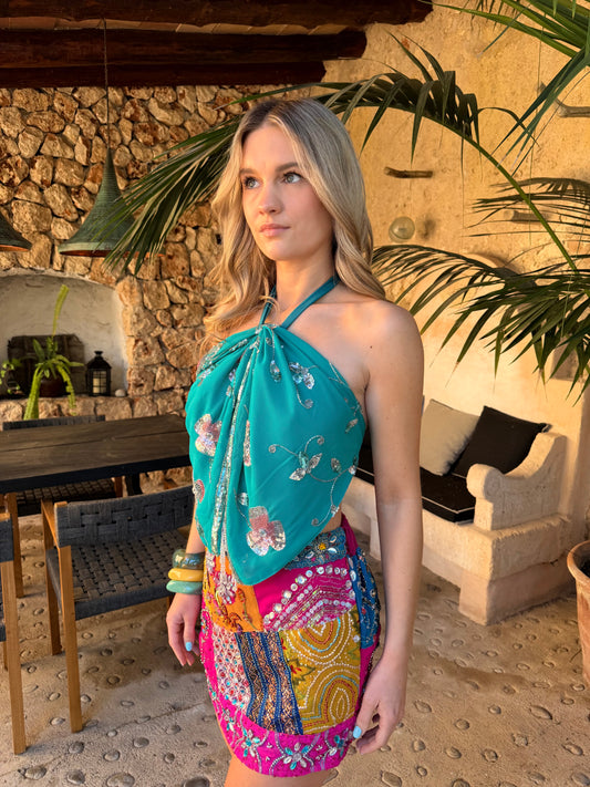 Ibiza Sari Mini Wrap Top in Turquoise