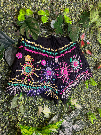 Crochet Sequin Shorts - yellow flower