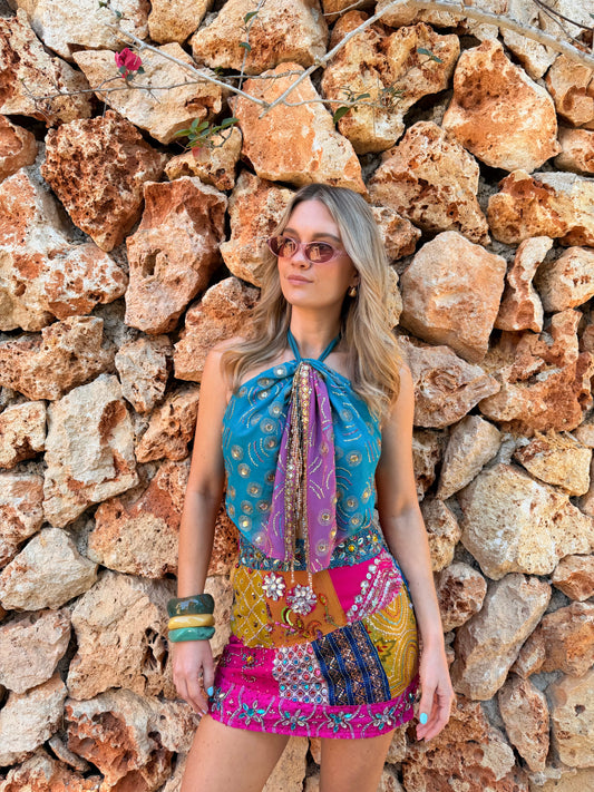 Ibiza Sari Mini Wrap Top in Blue & Pink