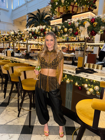 Embellished Tassel Beaded Cape - Black & Gold Flower