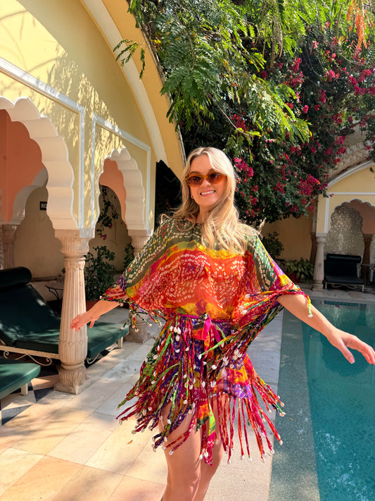 Rio Bandhani Tassel Shell Kaftan Top
