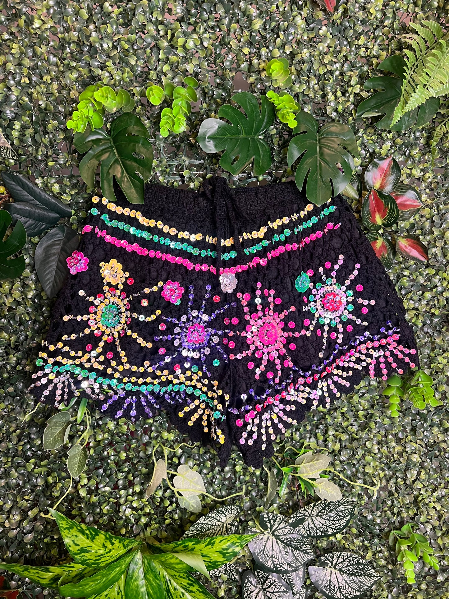 Crochet Sequin Shorts - yellow flower