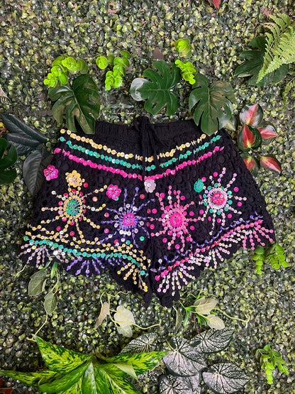 Crochet Sequin Shorts - yellow flower