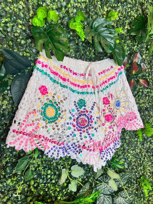 Crochet Sequin Shorts - White