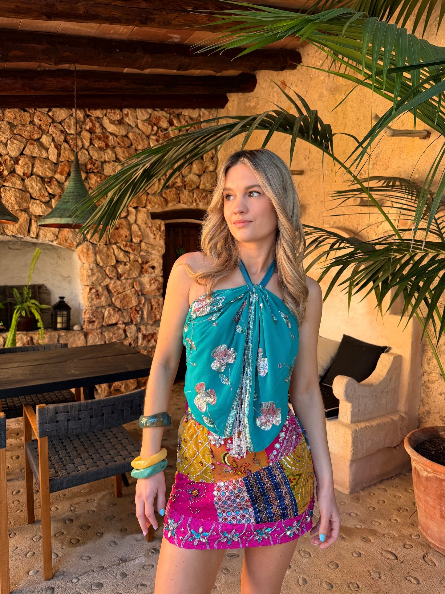 Ibiza Sari Mini Wrap Top in Turquoise