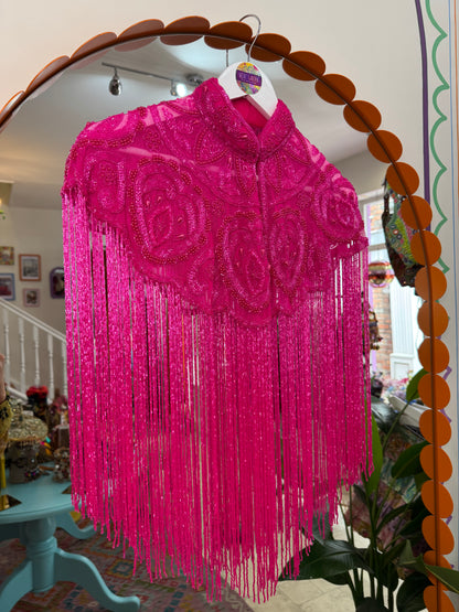Embellished Tassel Beaded Cape - Pink