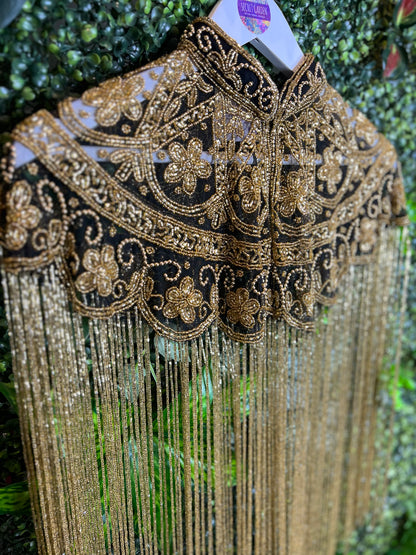 Embellished Tassel Beaded Cape - Black & Gold Flower 2