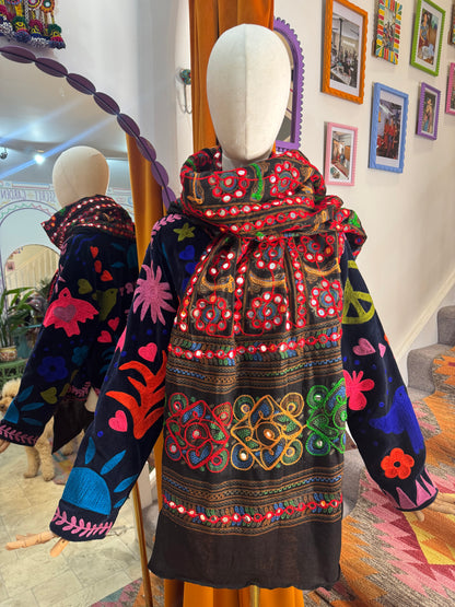 Black Phulkari Mirrored Scarf