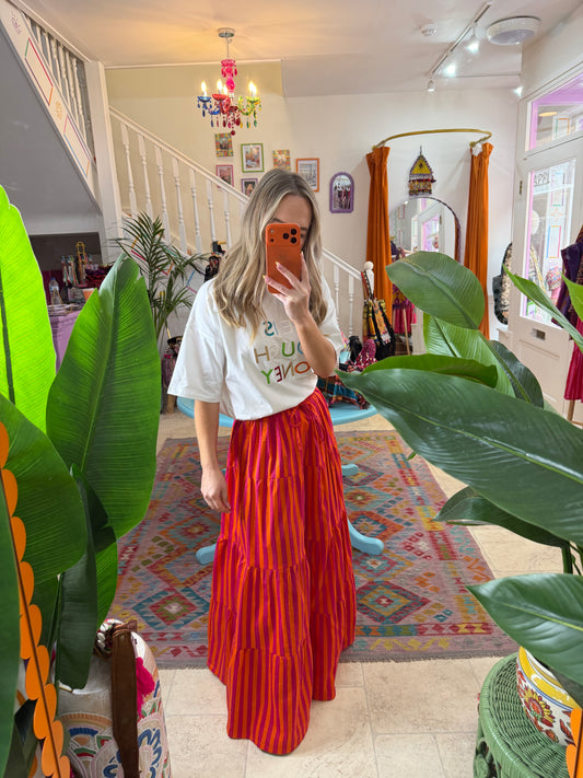 Pink & Orange Stripe Maxi Skirt