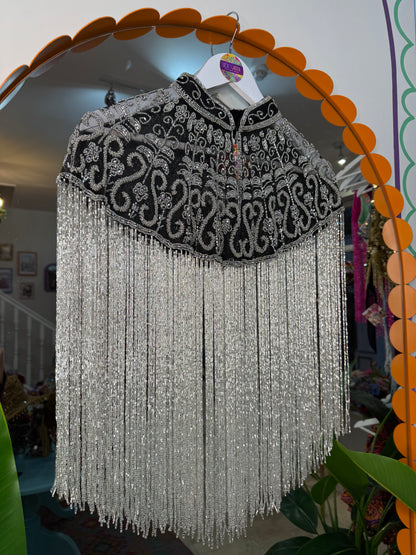 Embellished Tassel Beaded Cape - Silver