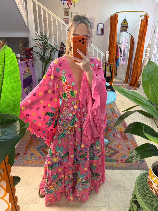 Gypsy Soul Maxi Kimono Ruffle Jacket in Pink