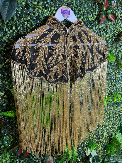 Embellished Tassel Beaded Cape - Black & Gold Pattern