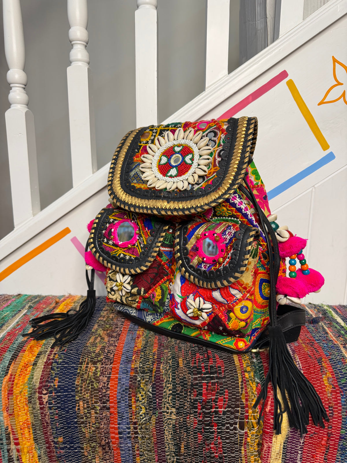 Boho Medium Black Backpack