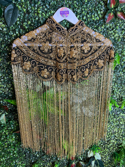 Embellished Tassel Beaded Cape - Black & Gold Flower 2