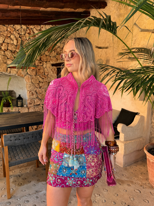 Embellished Tassel Beaded Cape - Pink